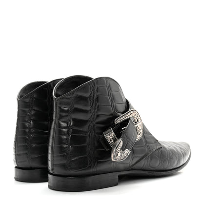 Saint Laurent Calfskin Crocodile Embossed Womens Dixon Buckle Ankle Boots 37.5 Black 4 of 15
