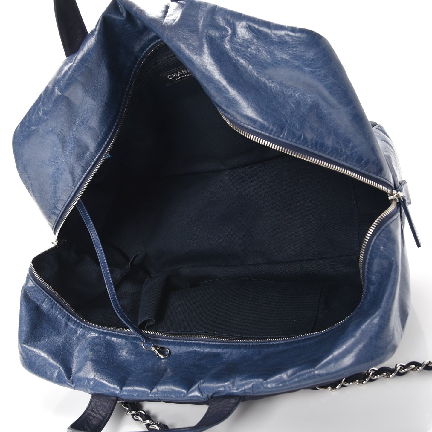 Glazed Calfskin Quilted Travel Flap Tote Blue