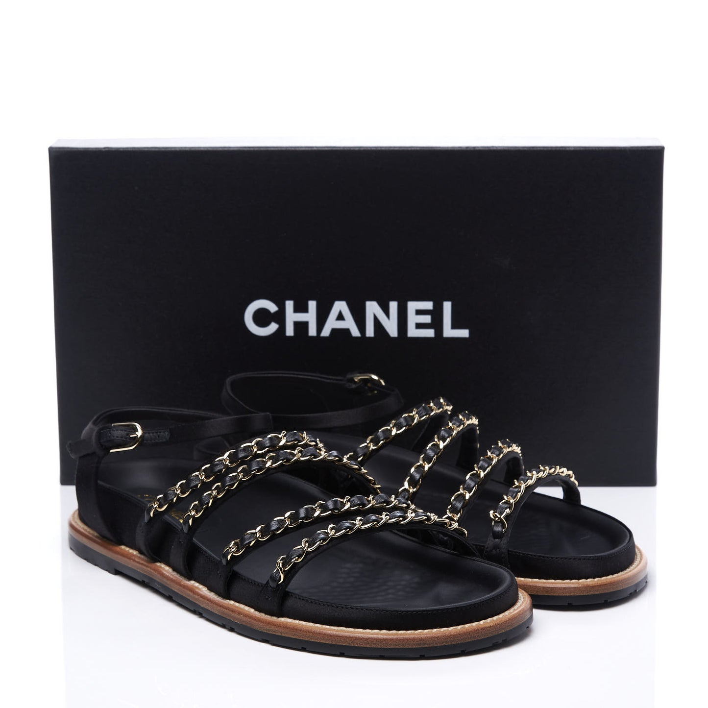 Satin Lambskin Chain Flat Sandals 38.5 Black
