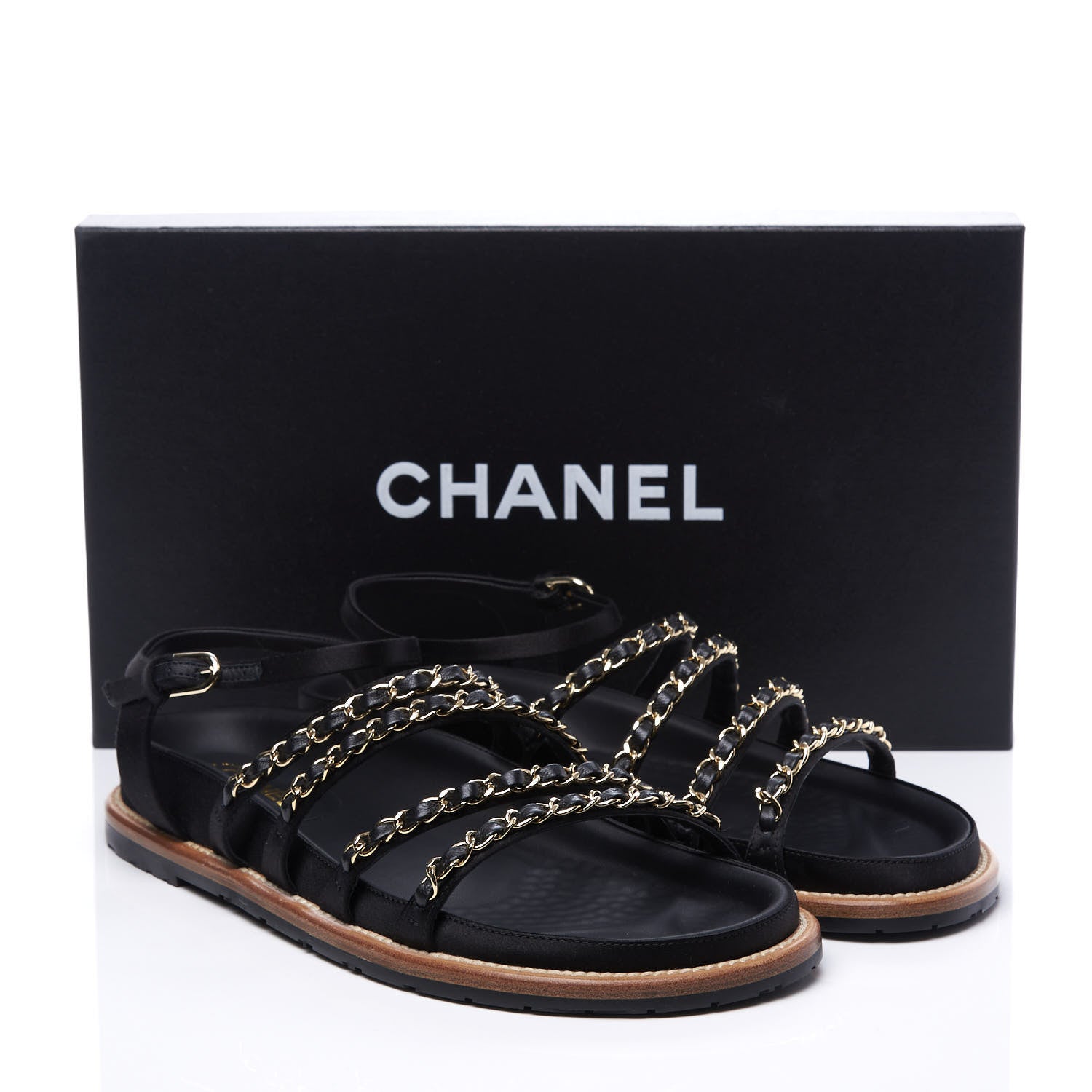 Chanel Satin Lambskin Chain Flat Sandals 38.5 Black 10 of 10