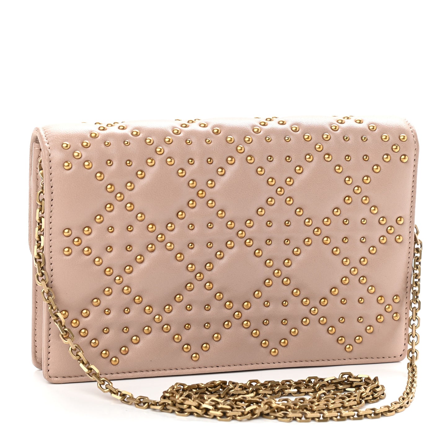 Lambskin Cannage Studded Dioraddict Wallet on Chain Clutch Nude