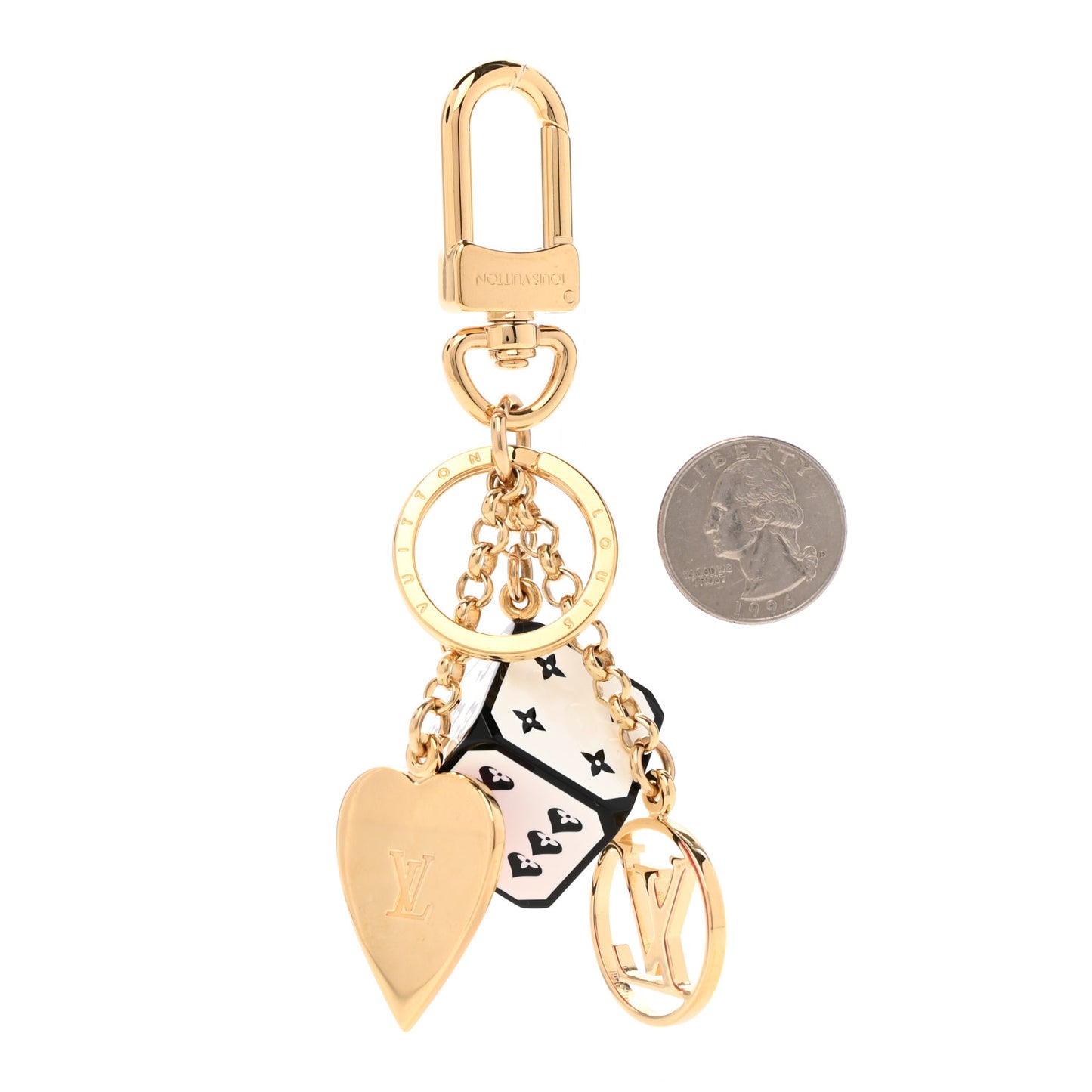 Metal Resin Game On Dice and Heart Charm Key Holder Gold