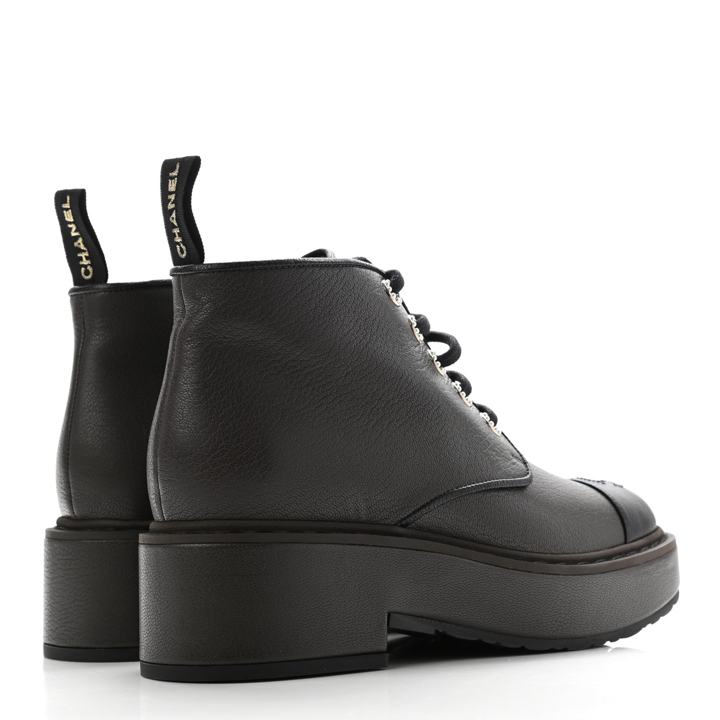 Goatskin Pearl Lace Up CC Short Boots 38.5 Brown Black