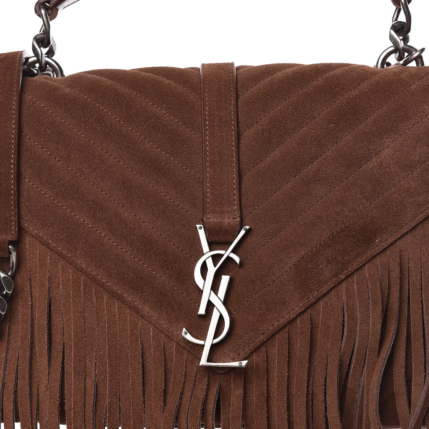 Saint Laurent Suede Matelasse Chevron Fringe Monogram Medium College Bag Marron Clair 10 of 13