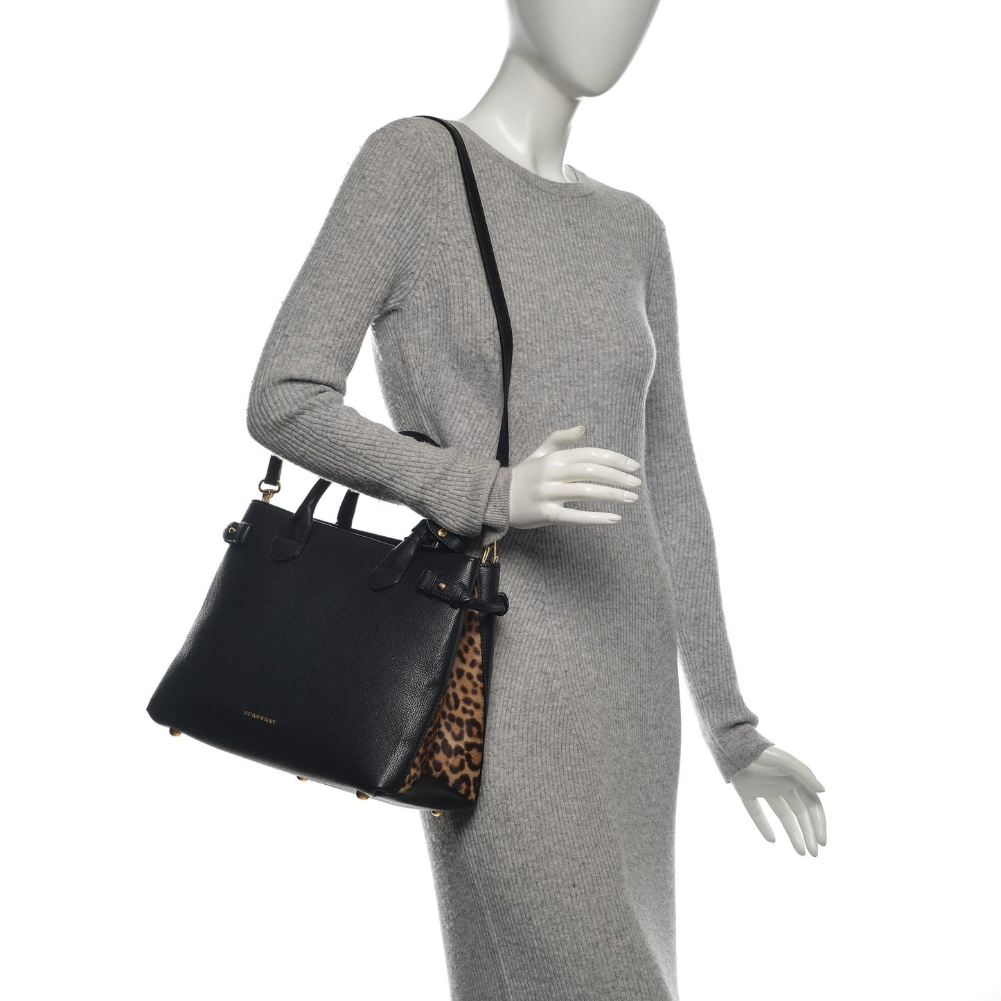 Grainy Calfskin Leopard Print Medium Banner Tote Black