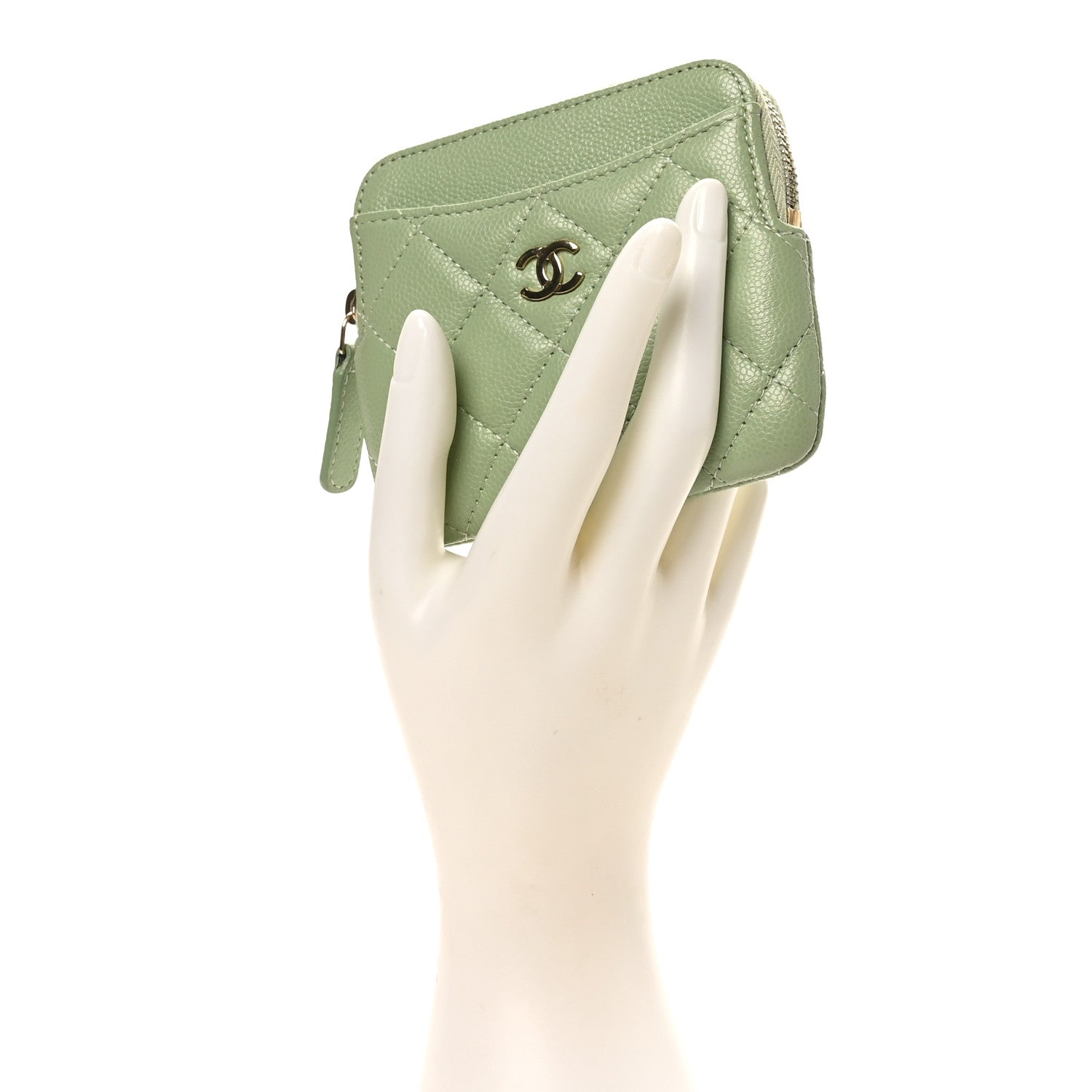 Chanel Caviar Quilted Zip Card Holder Wallet Green 2 of 8