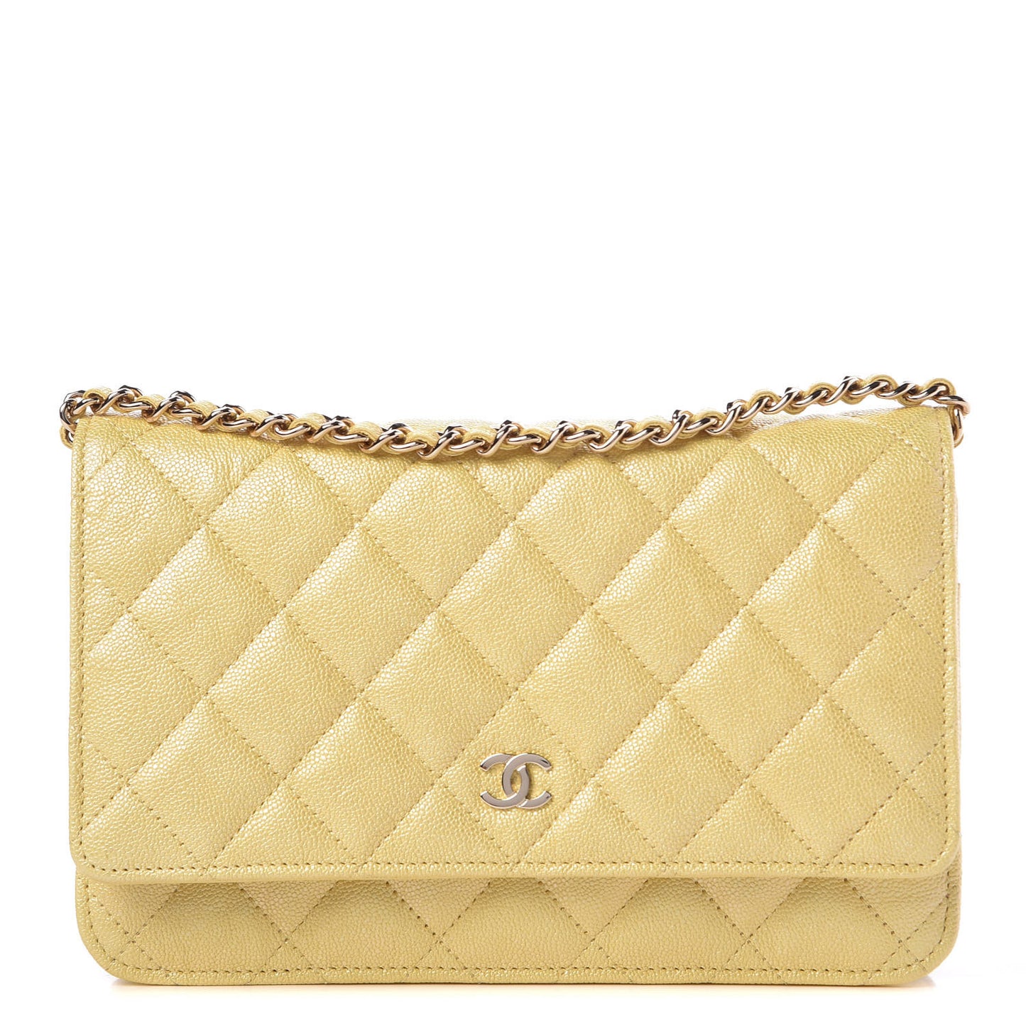 Iridescent Caviar Quilted Wallet on Chain WOC Yellow
