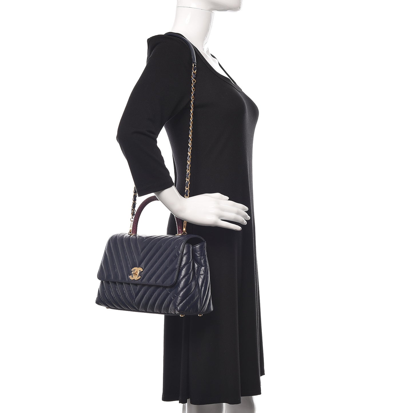 Aged Calfskin Elaphe Chevron Quilted Small Coco Handle Flap Navy