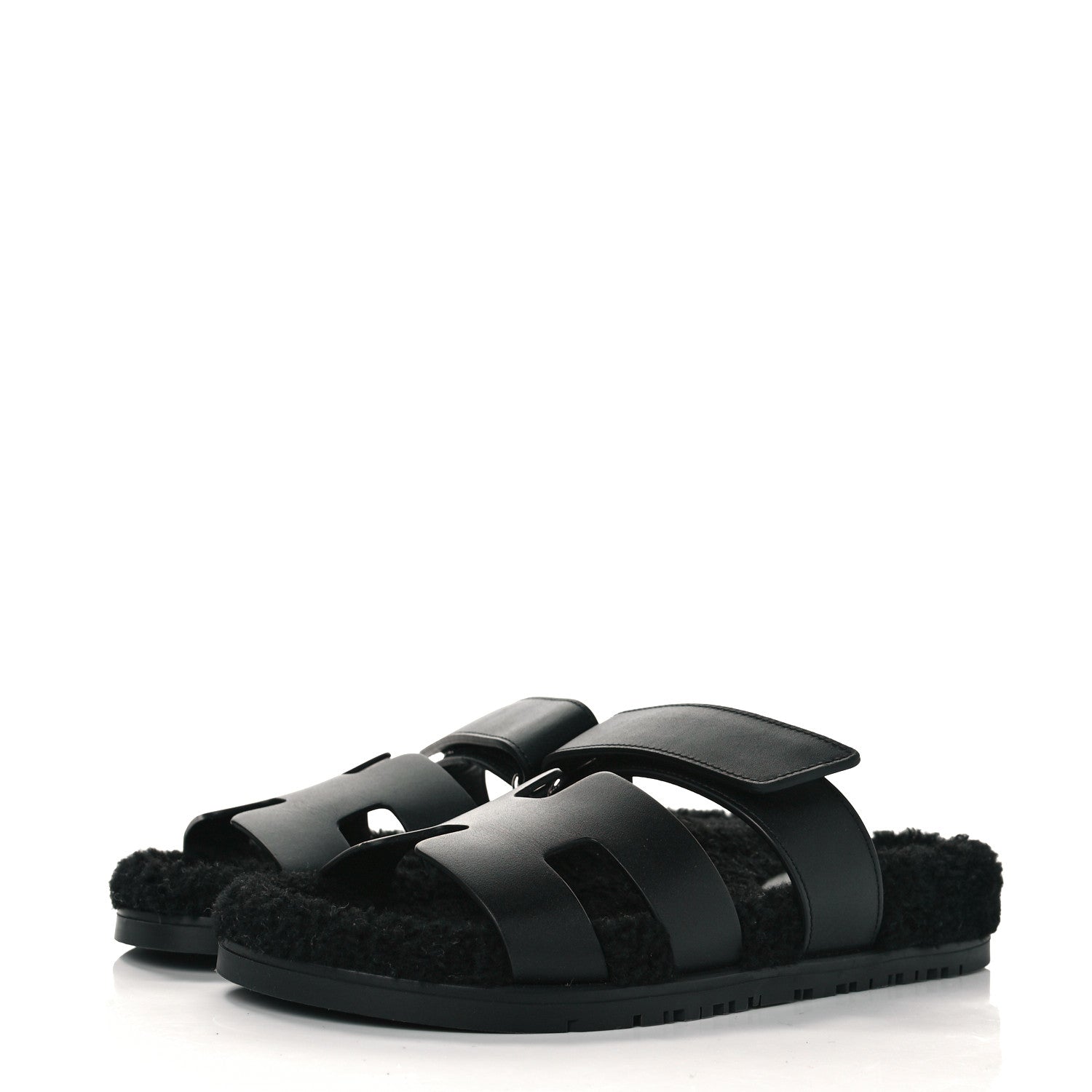 Hermes Calfskin Woolskin Womens Chypre Sandals 37.5 Black 3 of 8