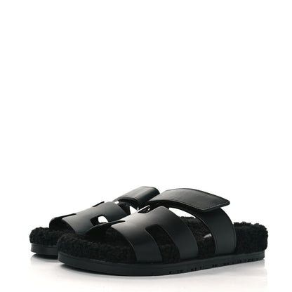 Hermes Calfskin Woolskin Womens Chypre Sandals 37.5 Black 3 of 8