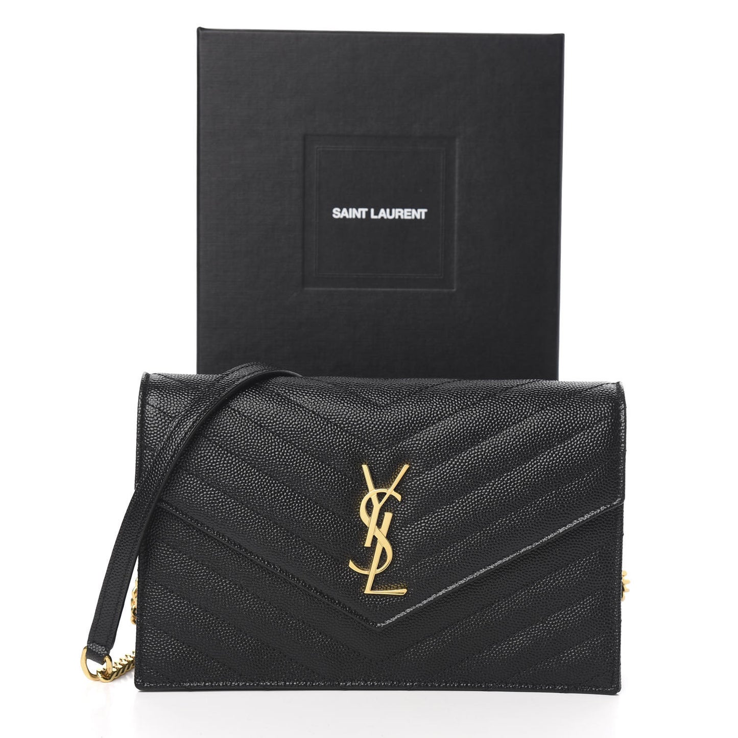 Grain De Poudre Matelasse Chevron Monogram Envelope Chain Wallet Black