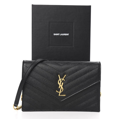 Saint Laurent Grain De Poudre Matelasse Chevron Monogram Envelope Chain Wallet Black 11 of 11