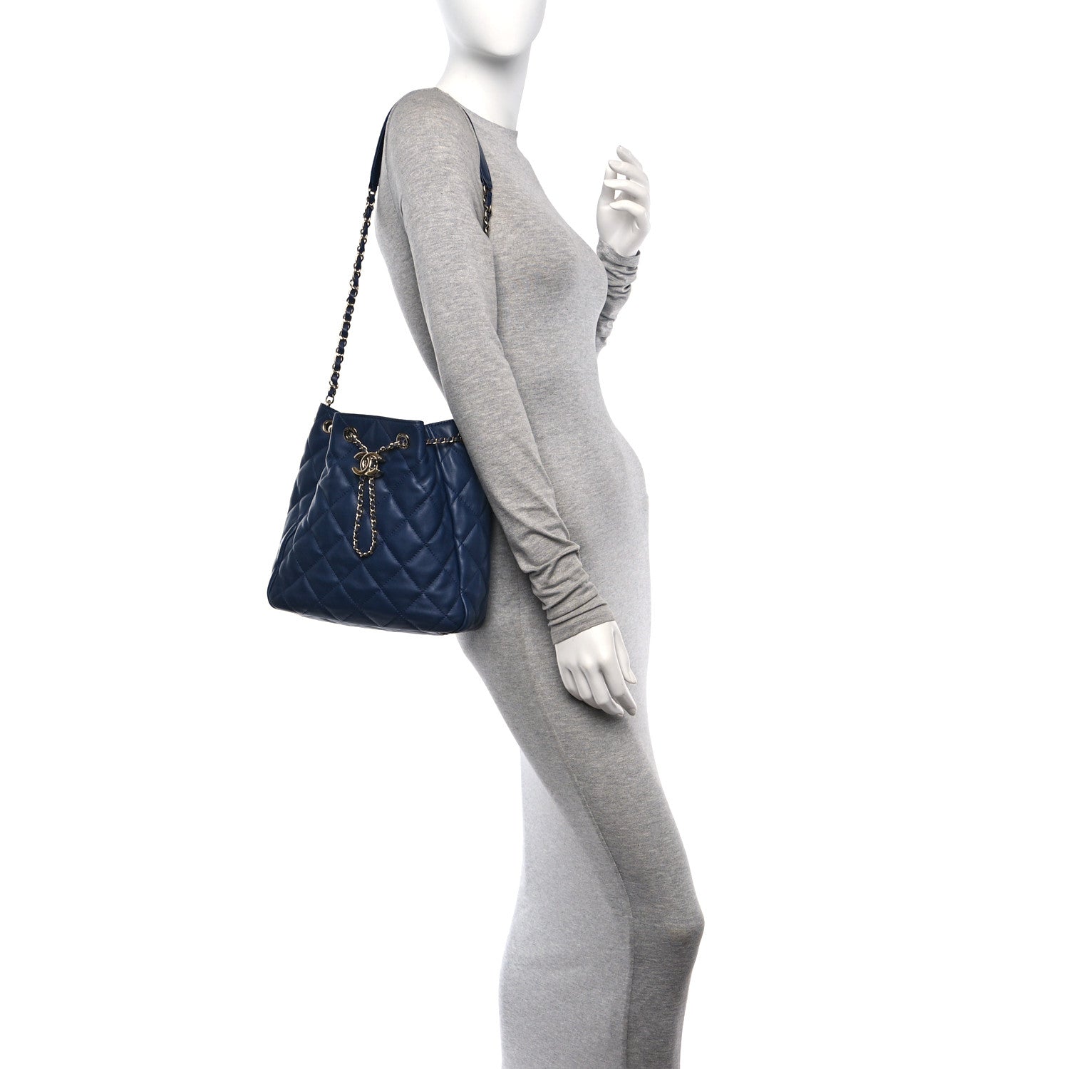 Chanel Lambskin Quilted Chain Drawstring Bag Navy Blue 2 of 10