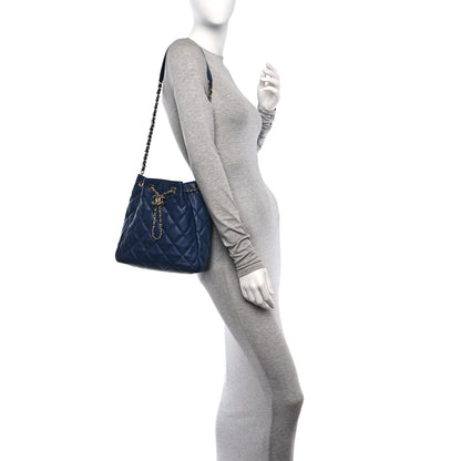 Chanel Lambskin Quilted Chain Drawstring Bag Navy Blue 2 of 10