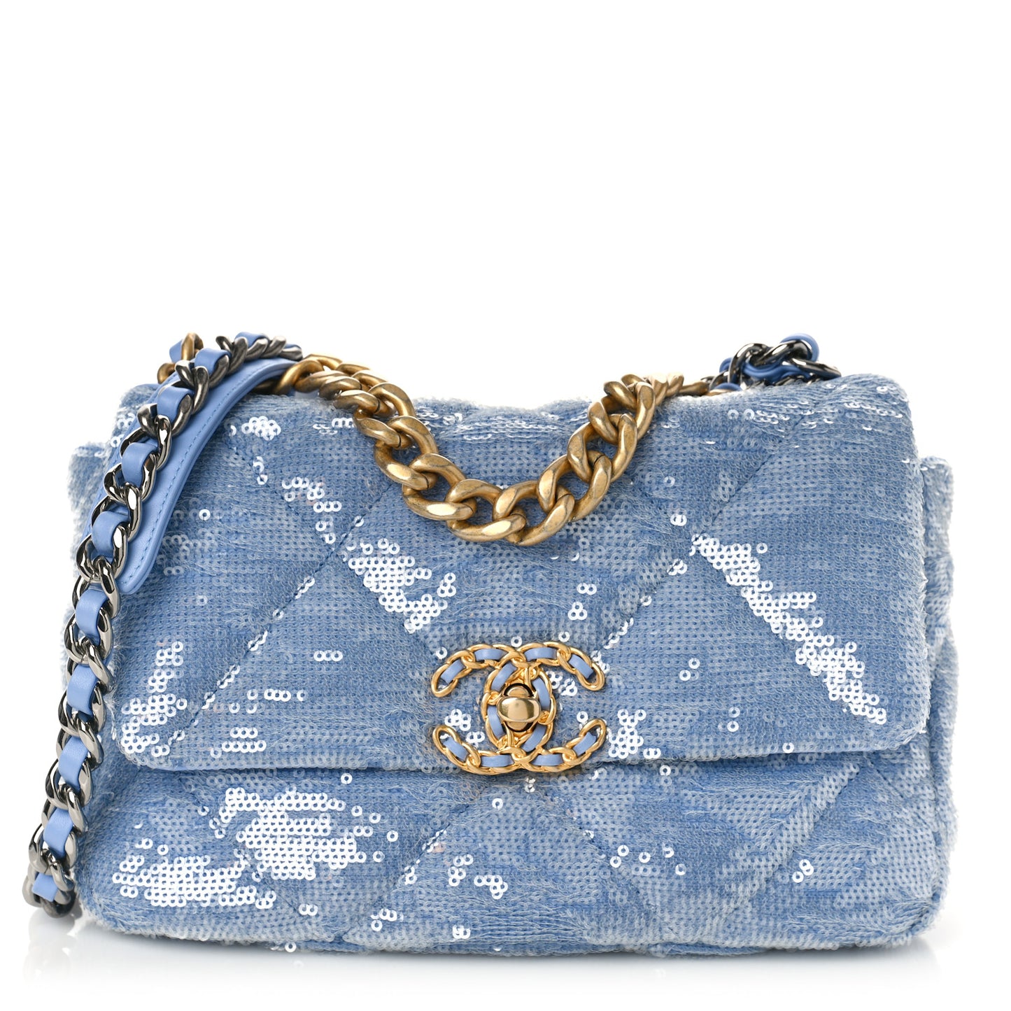 Sequin Quilted Medium Chanel 19 Flap Light Blue