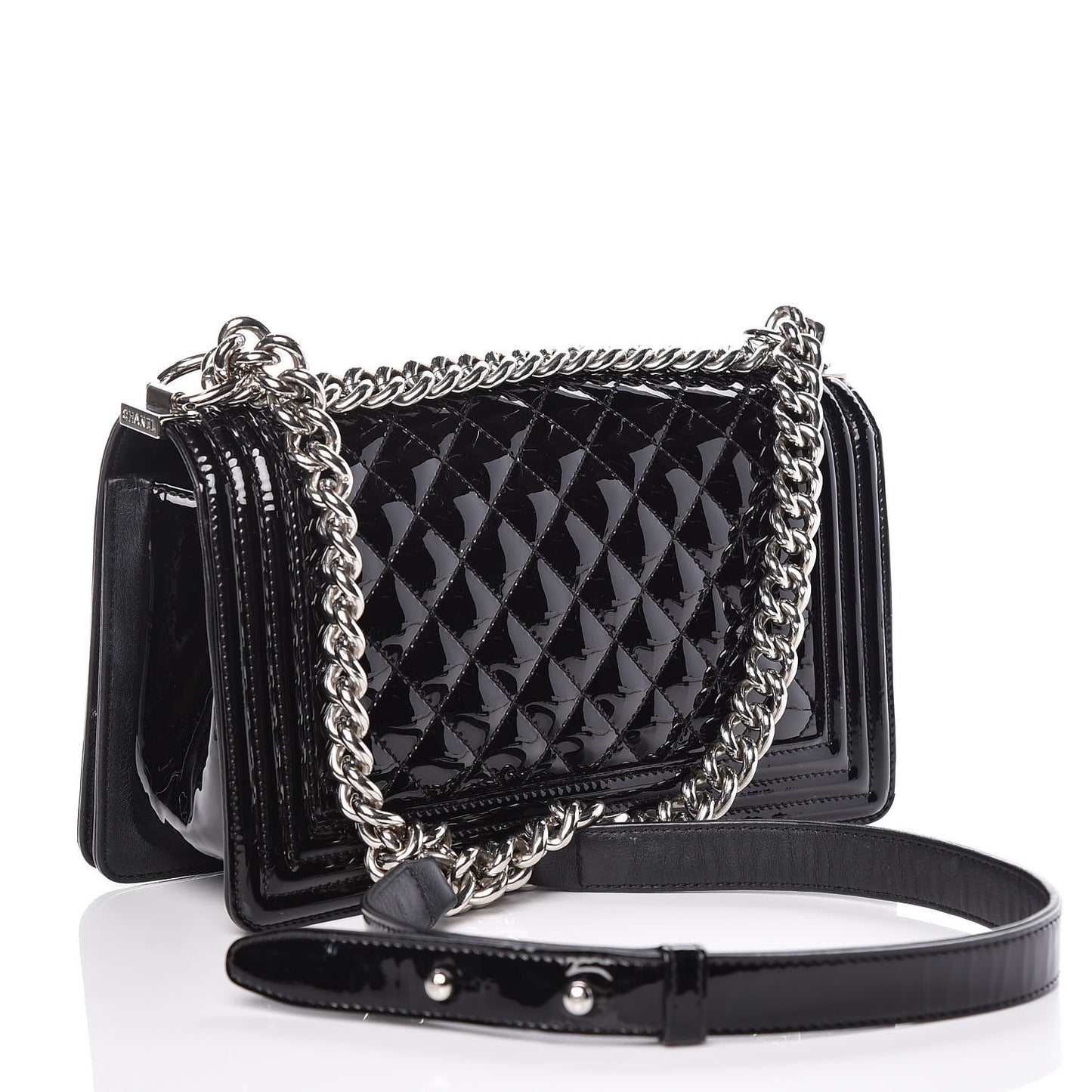 Patent Calfskin Quilted Medium Plexiglass Boy Flap Black