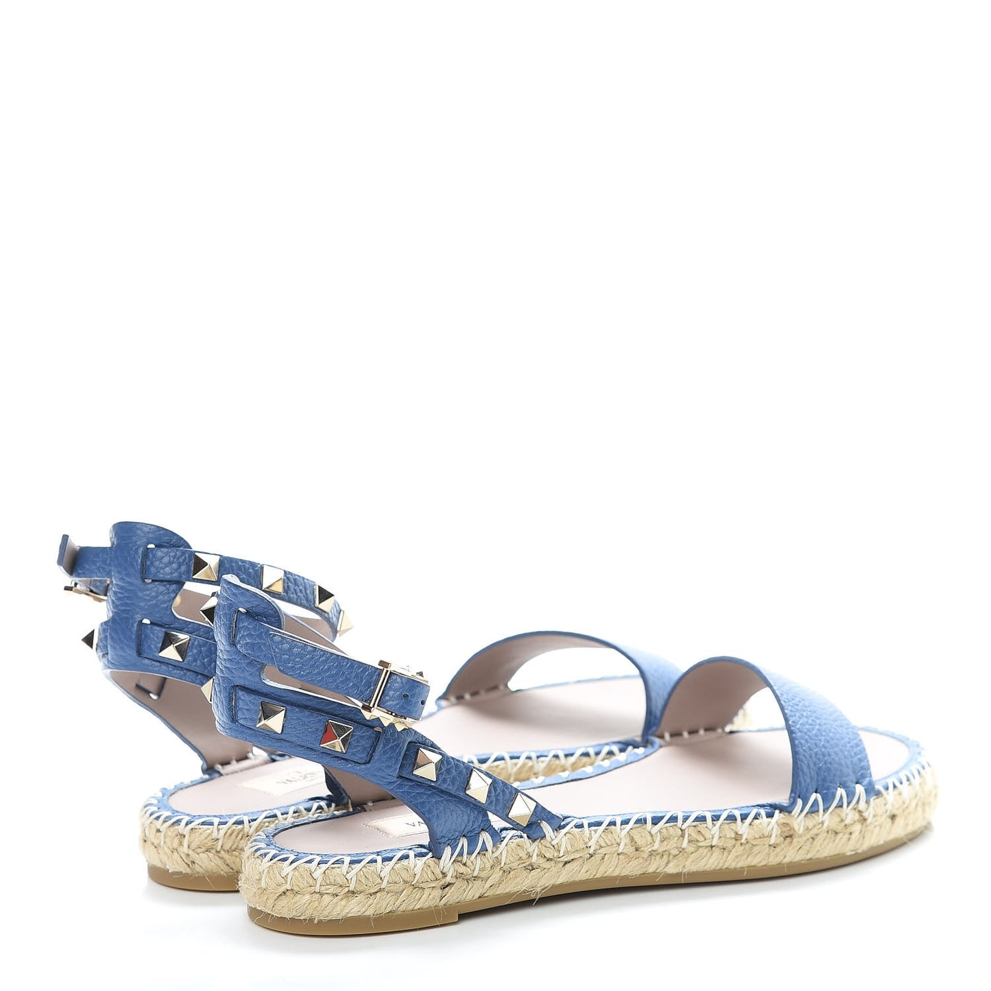 Grained Calfskin Rockstud Ankle Strap Espadrille Flat Sandals 37 Baltique