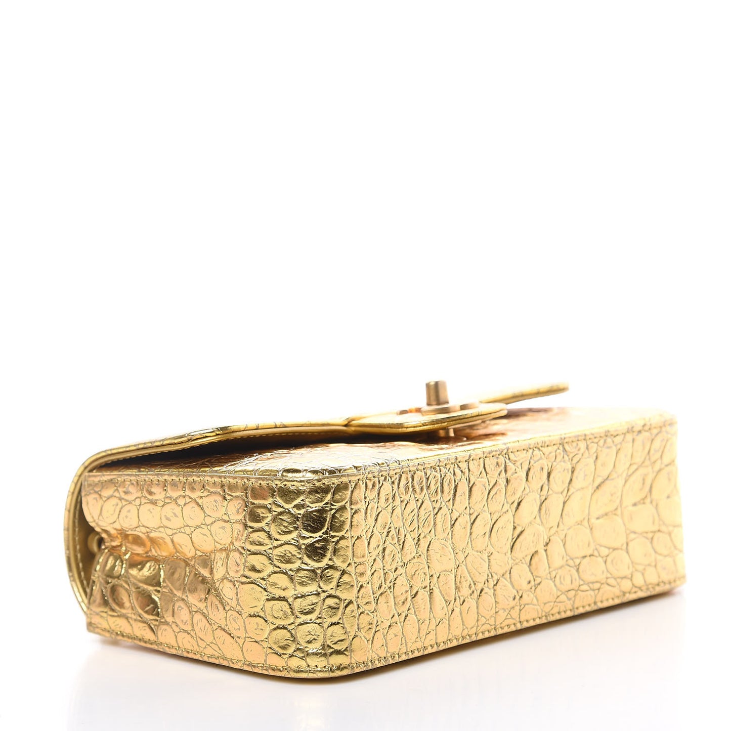 Metallic Calfskin Crocodile Embossed Cocodile Rectangular Mini Flap Gold