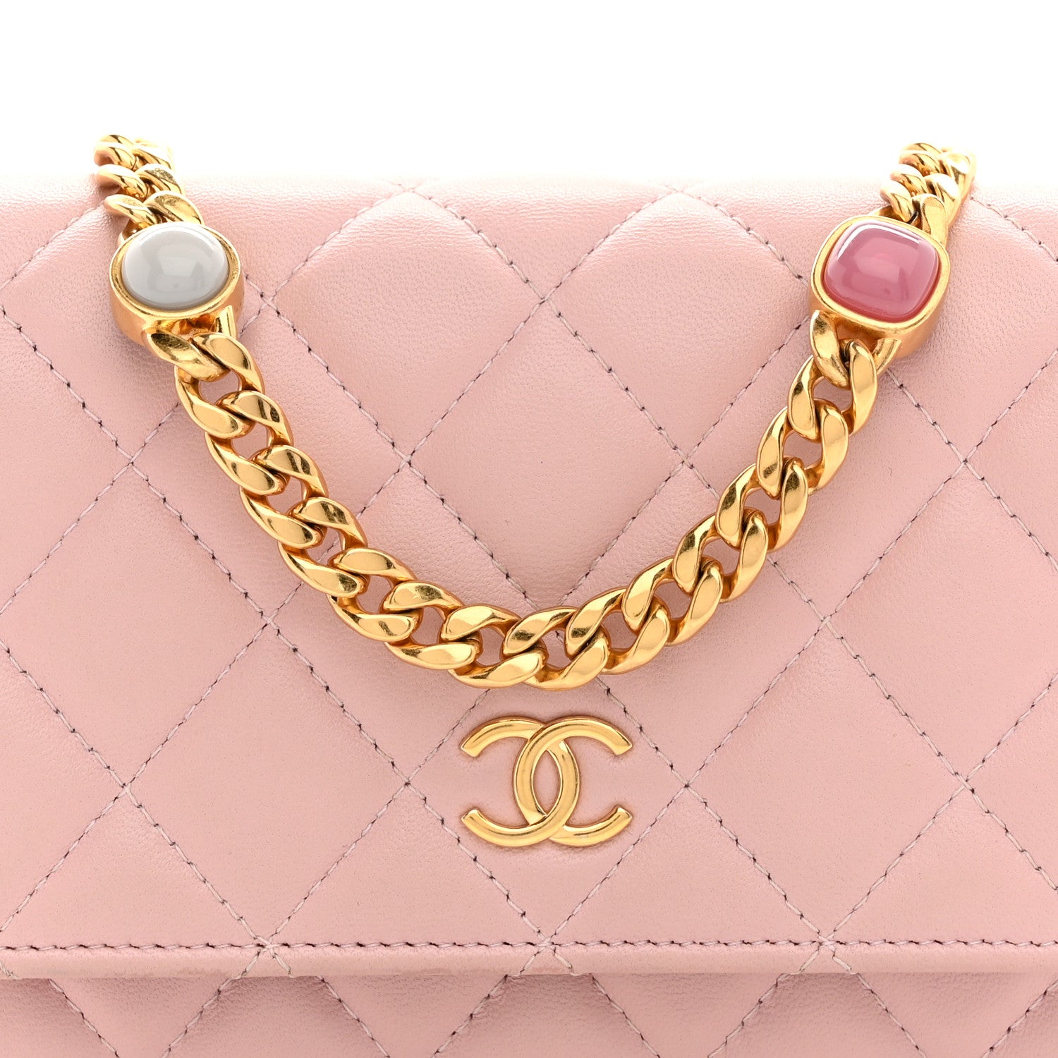 Chanel Lambskin Quilted CC Pearl Enamel Clutch on Chain WOC Light Pink 10 of 13