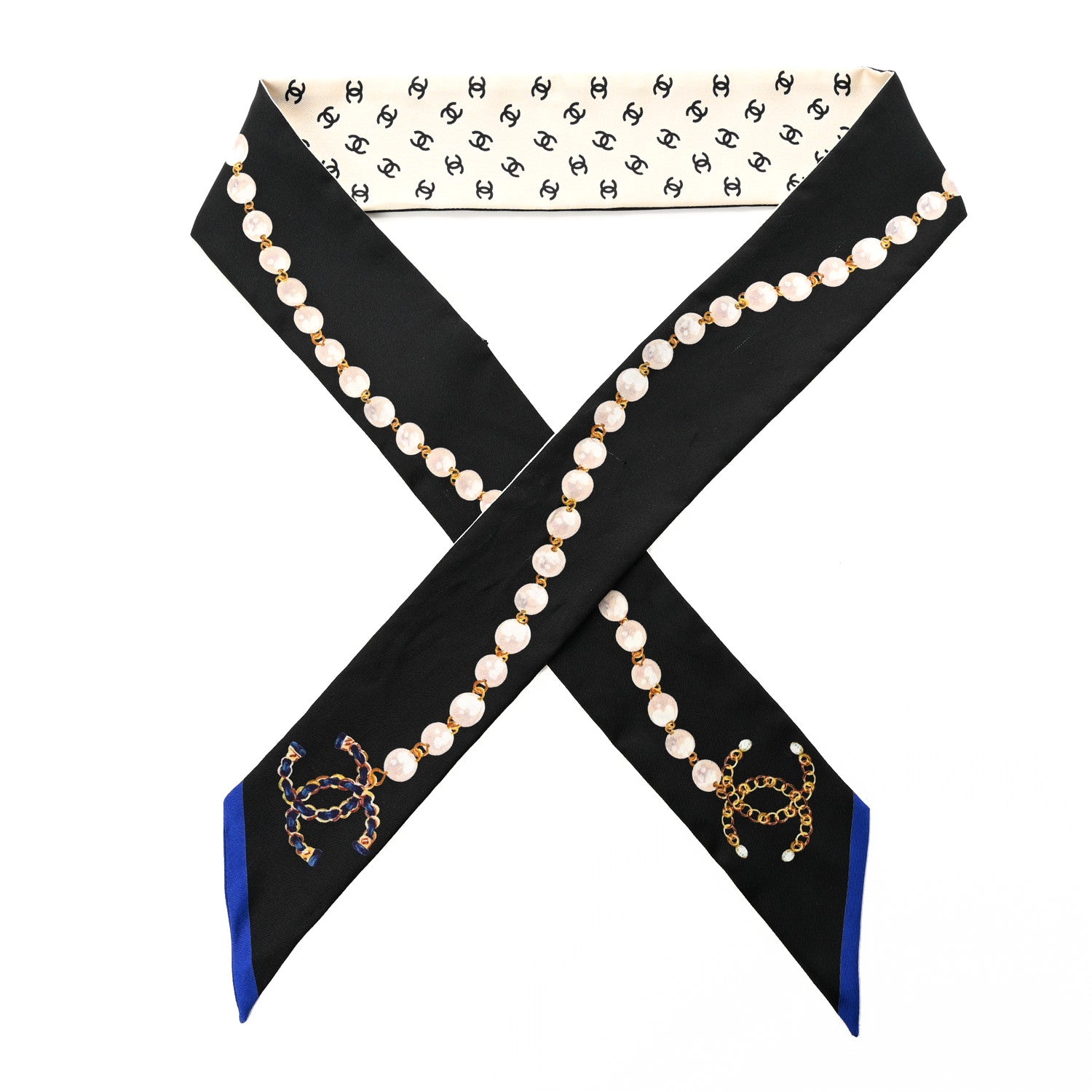 Chanel Silk Pearl CC Chain Slim Bandeau Scarf Dark Grey Blue Ecru 1 of 7