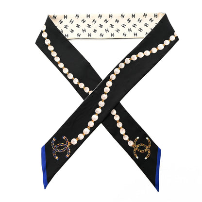 Chanel Silk Pearl CC Chain Slim Bandeau Scarf Dark Grey Blue Ecru 1 of 7