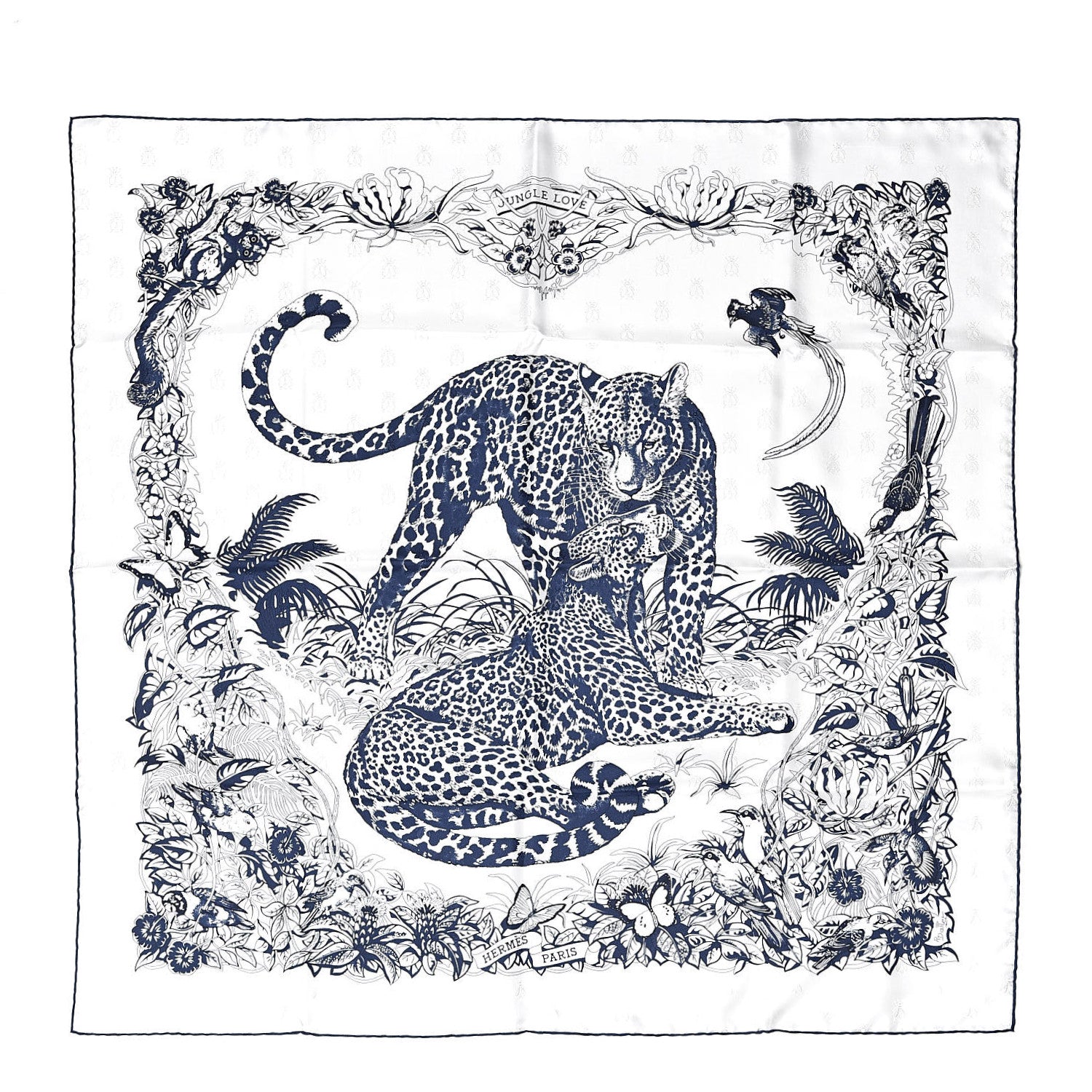 Hermes Silk Jungle Love Tattoo Scarf 90 Naturel Bleu Noir 1 of 6