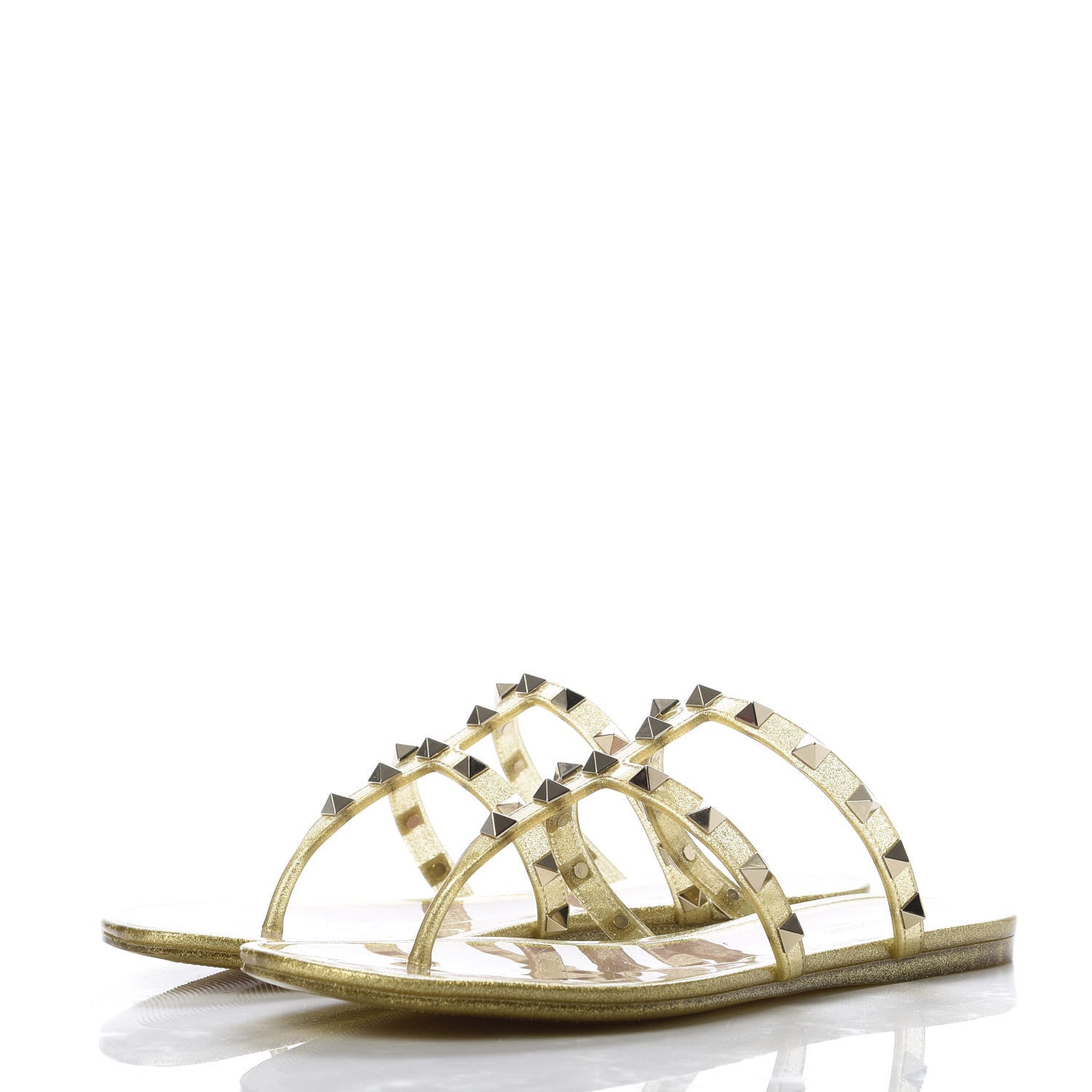Valentino Garavani PVC Jelly Glitter Rockstud Caged Flat Thong Sandals 37 Oro 3 of 9