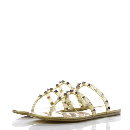 Valentino Garavani PVC Jelly Glitter Rockstud Caged Flat Thong Sandals 37 Oro 3 of 9