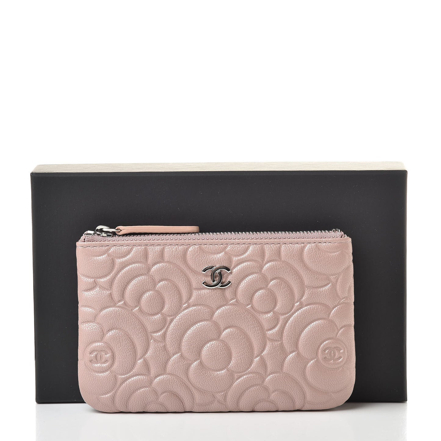Goatskin Camellia Embossed Cosmetic Pouch Light Pink