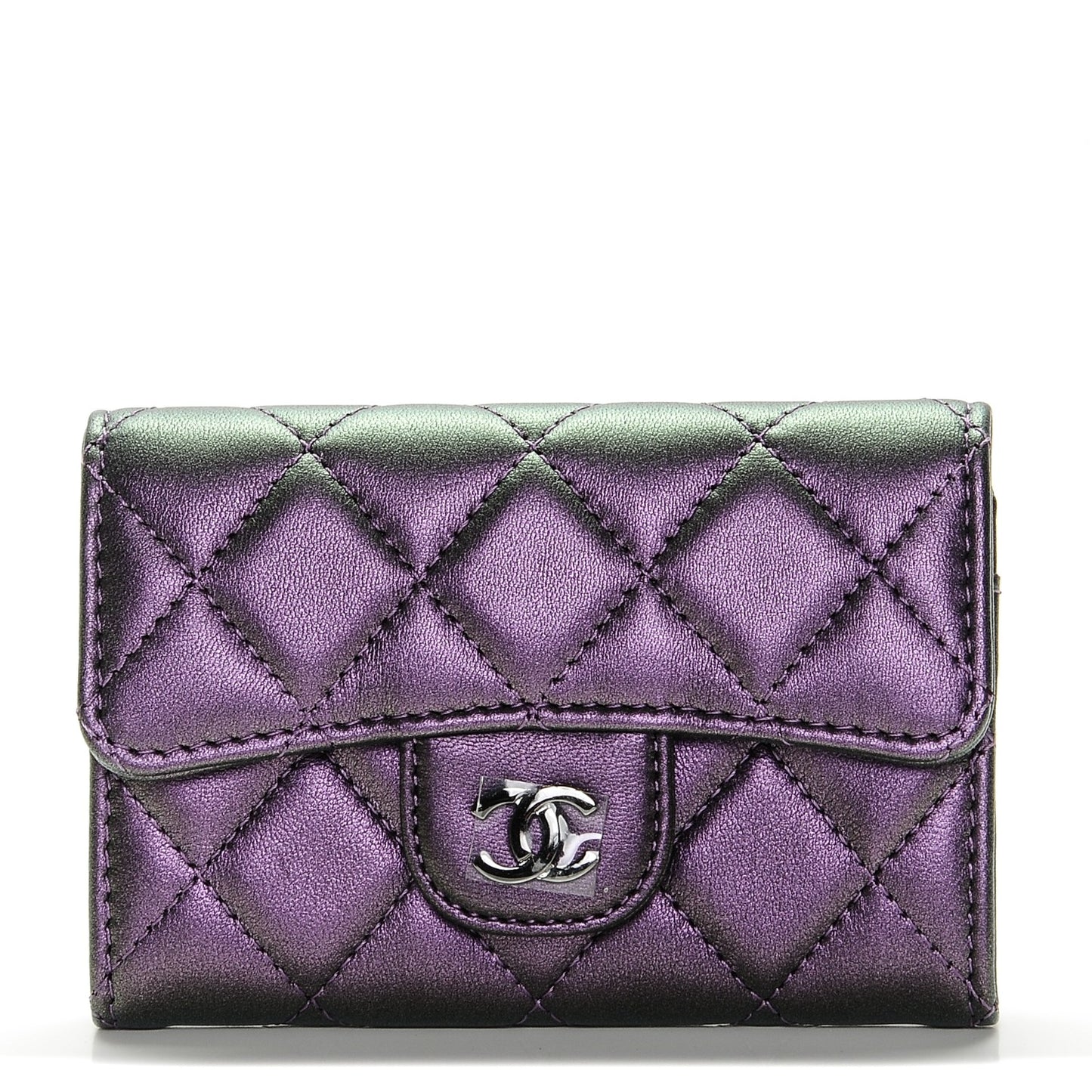 Metallic Lambskin Quilted Flap Card Holder Dark Purple