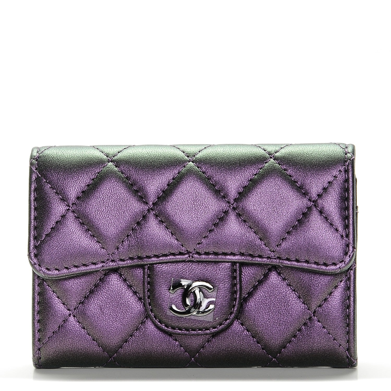 Chanel Metallic Lambskin Quilted Flap Card Holder Dark Purple 1 of 8