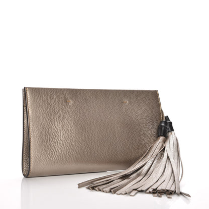 Gucci Metallic Pebbled Calfskin Broadway Bamboo Tassel Clutch New Golden Beige 3 of 7