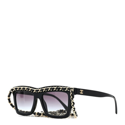 Chanel Acetate Metal Calfskin Chain Rectangle Sunglasses 71627 Black 1 of 9