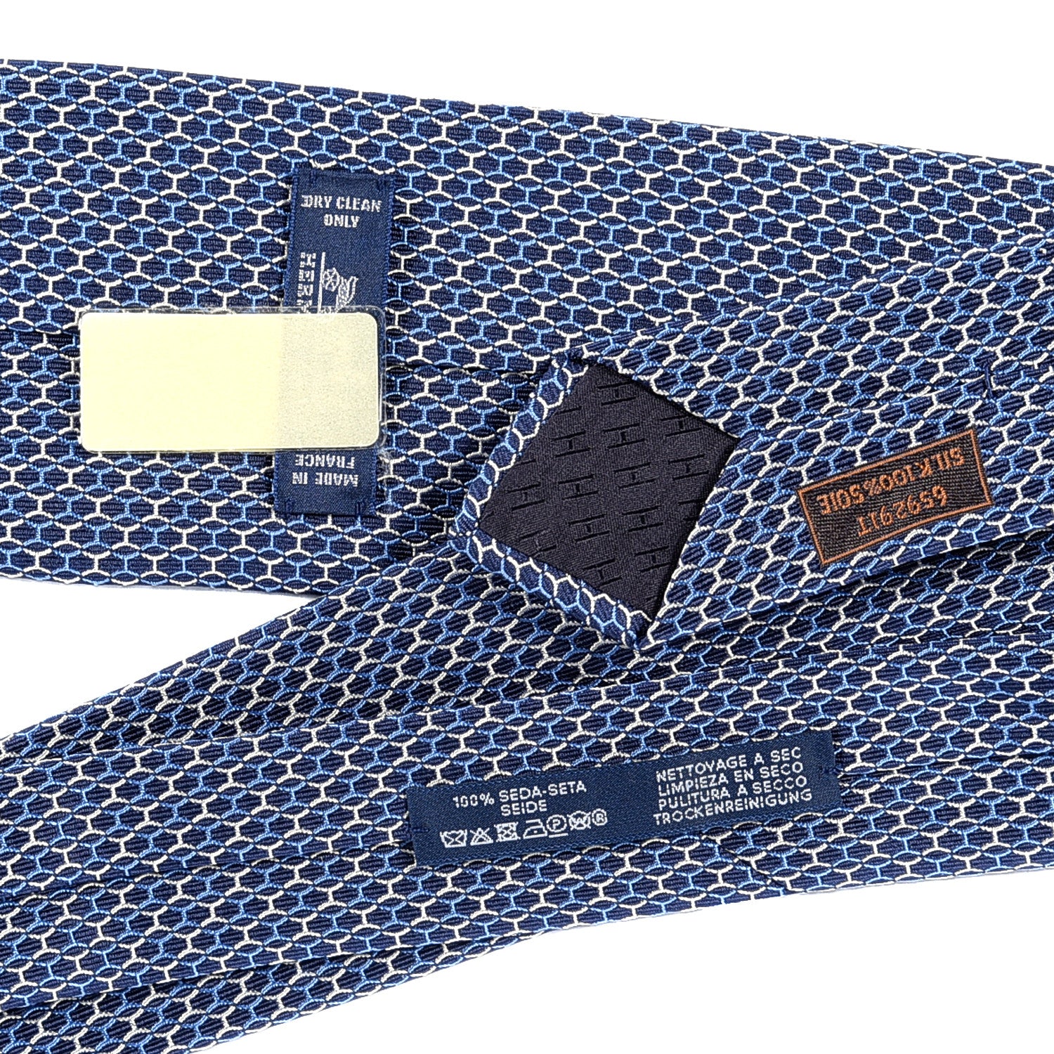 Hermes Silk Printed Mens Cravate Neck Tie Marine Ciel White 3 of 3