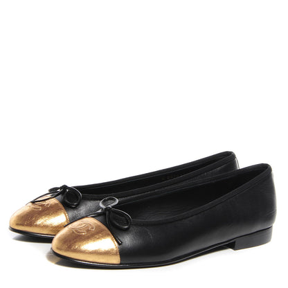 Chanel Lambskin Cap Toe Ballerina Flats 38.5 Black Gold 3 of 8