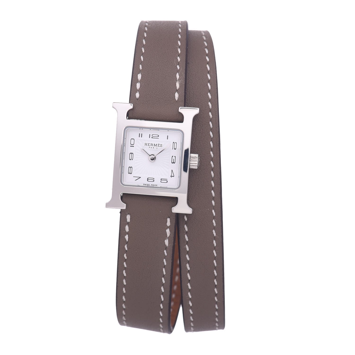 Hermes Stainless Steel Swift 21mm Heure H Hour Double Tour Quartz Watch Etoupe 1 of 6