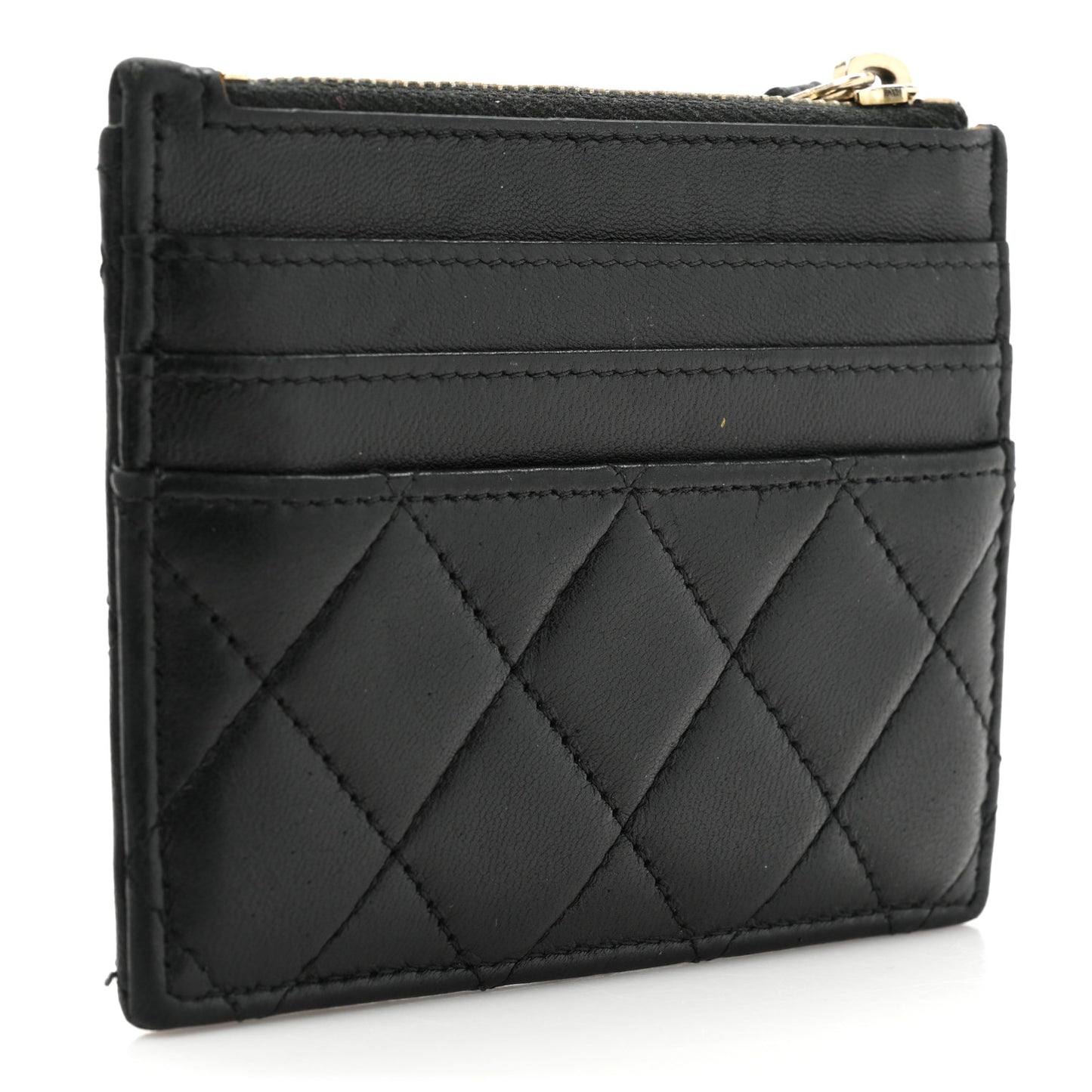 Lambskin Quilted Zip Card Holder Black