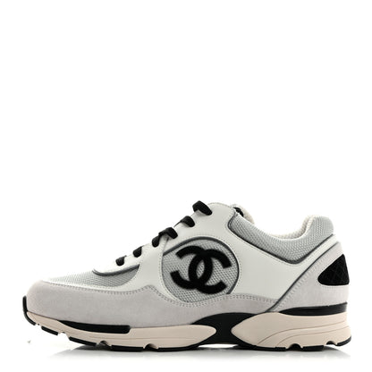 Chanel Mesh Suede Calfskin Mens CC Sneakers 44 White Silver Light Grey 1 of 9
