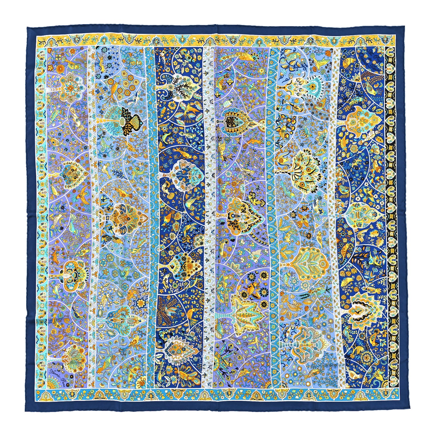 Silk Au Pays Des Oiseaux Fleurs Scarf 90 Marine Turquoise Jaune