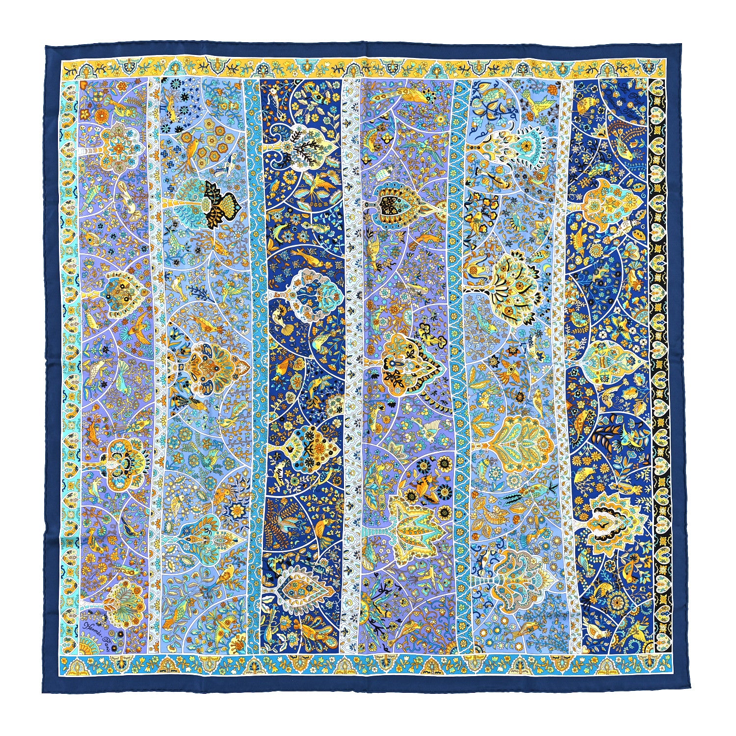 Hermes Silk Au Pays Des Oiseaux Fleurs Scarf 90 Marine Turquoise Jaune 1 of 4