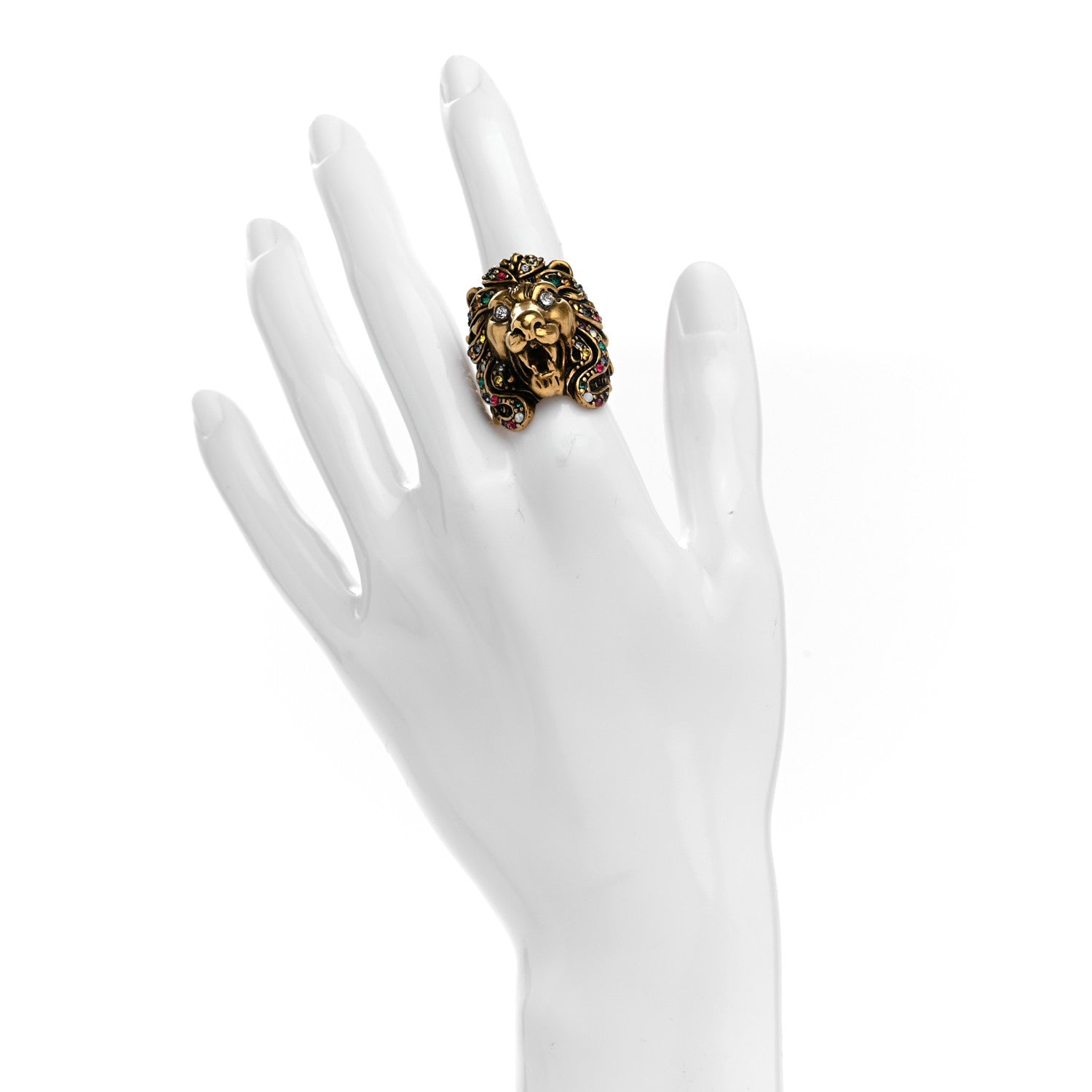 Gucci Metal Crystal Lion Head Ring 13 Aged Gold 2 of 6