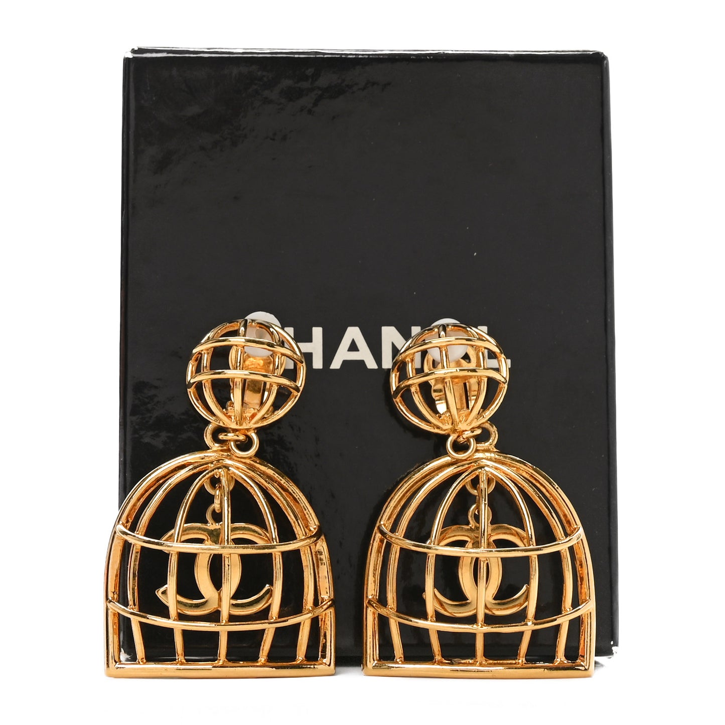 CC Bird Cage Drop Clip On Earrings Gold