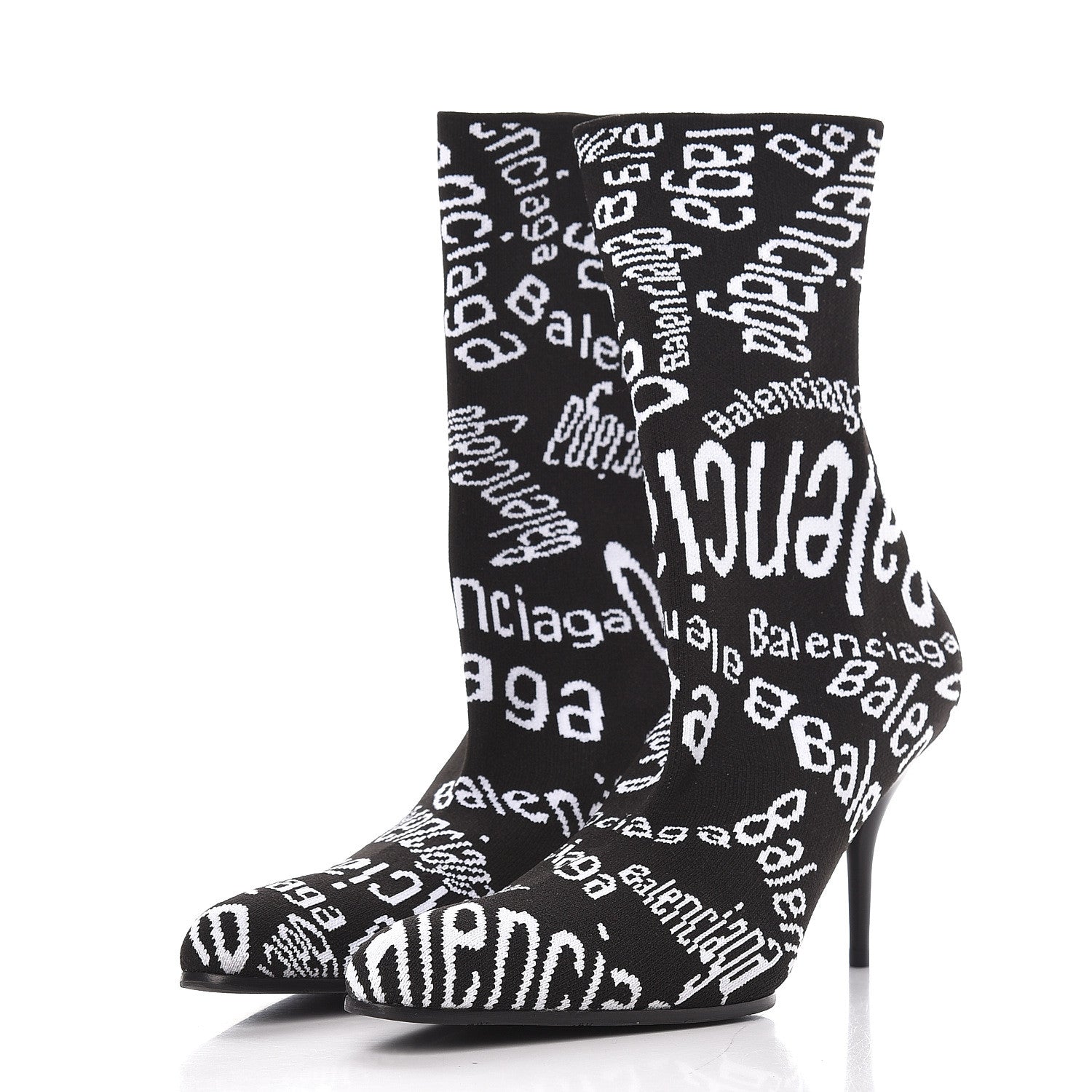 Balenciaga Knit Jacquard Curved Typo Booties 38.5 Black White 3 of 8