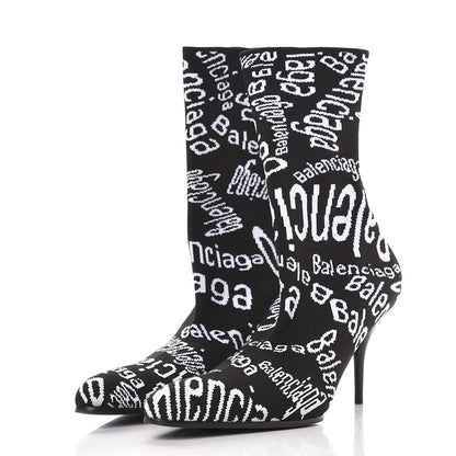 Balenciaga Knit Jacquard Curved Typo Booties 38.5 Black White 3 of 8