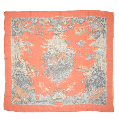 Hermes Silk Mousseline Equateur Shawl 140 Orange Vert De Gris Caramel 1 of 8