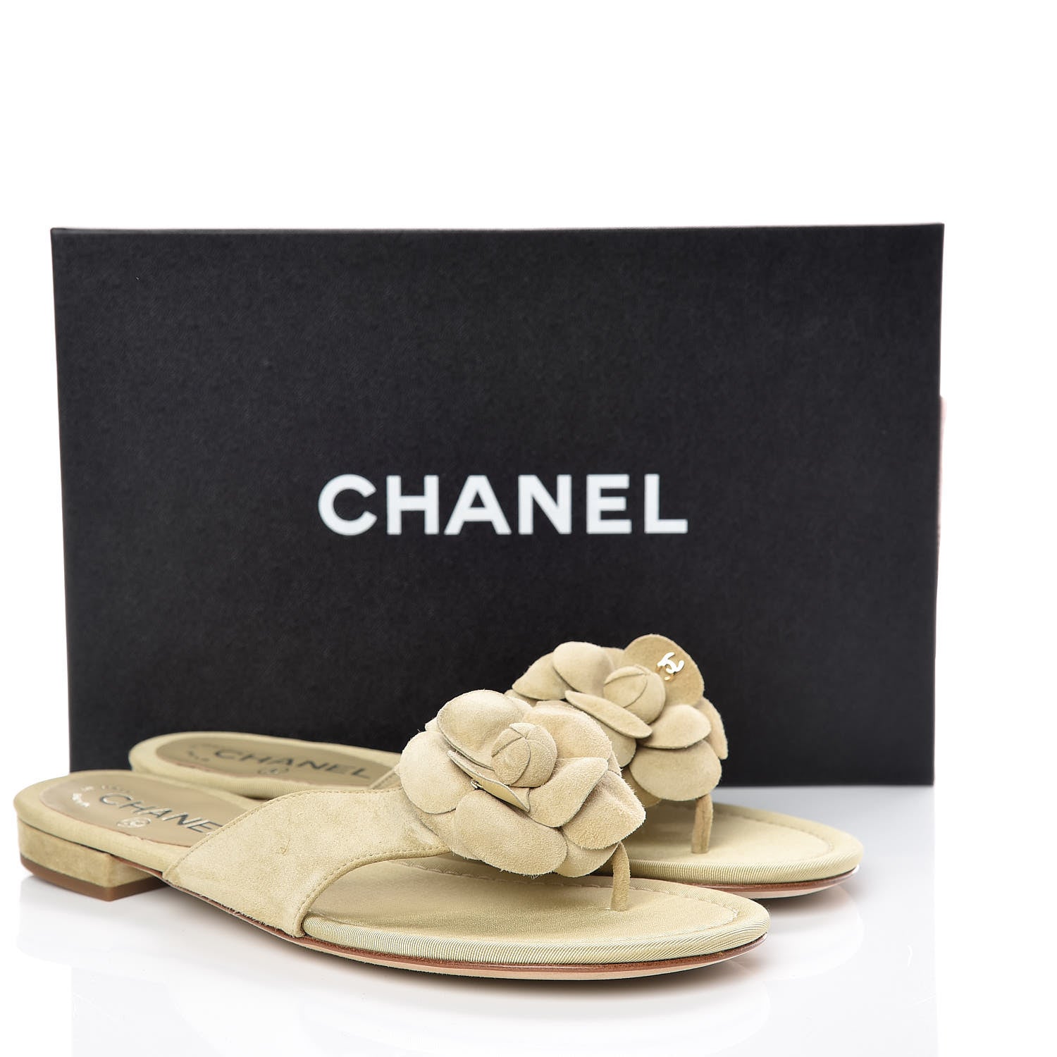 Chanel Suede Calfskin Camellia Thong Sandals 37.5 Beige 11 of 11