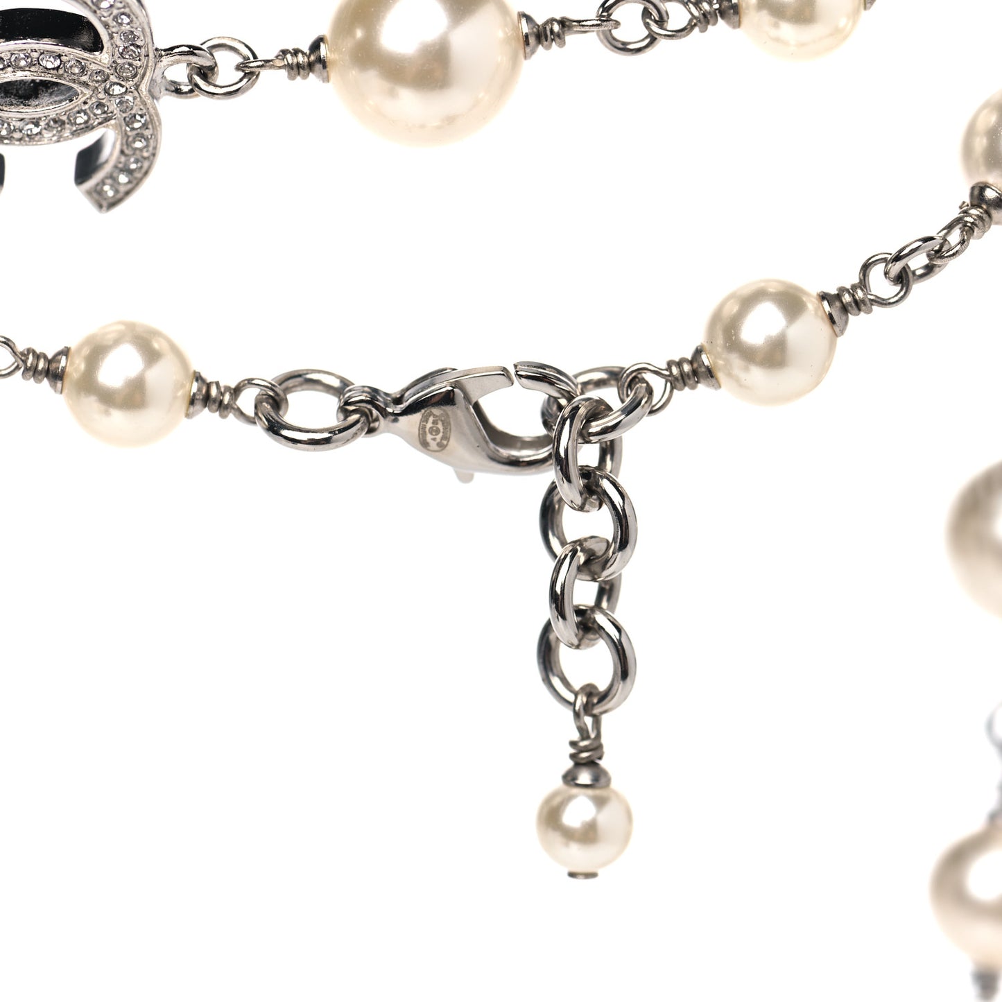 Crystal Pearl CC Long Necklace Silver