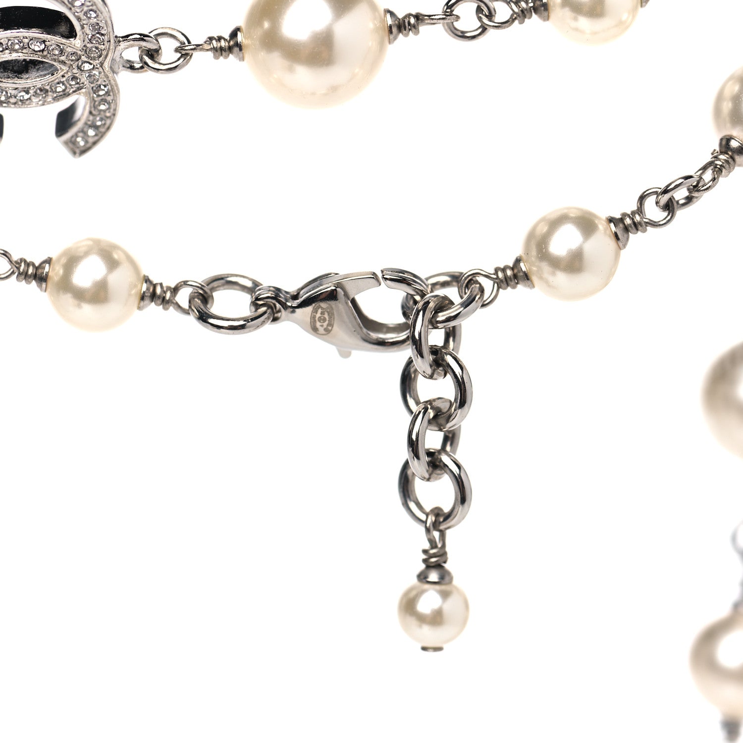 Chanel Crystal Pearl CC Long Necklace Silver 4 of 4