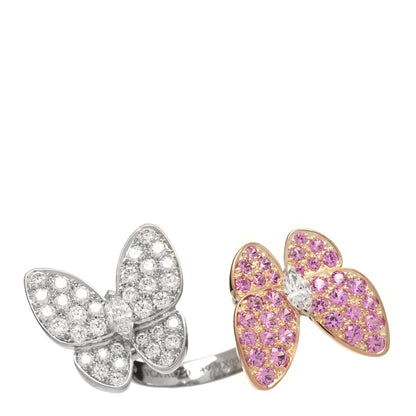 Van Cleef & Arpels 18K White Rose Gold Diamond Pink Sapphire Two Butterfly Between The Finger Ring 49 5 1 of 5