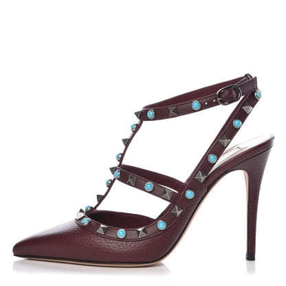 Valentino Garavani Pebbled Calfskin Turquoise Rockstud Rolling Ankle Strap 100mm Pumps 37.5 Rubin 1 of 11